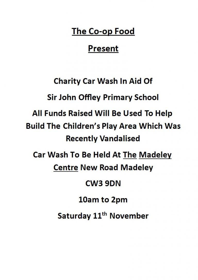 Co-op Charity Car Wash Saturday 11th November | The Madeley Centre